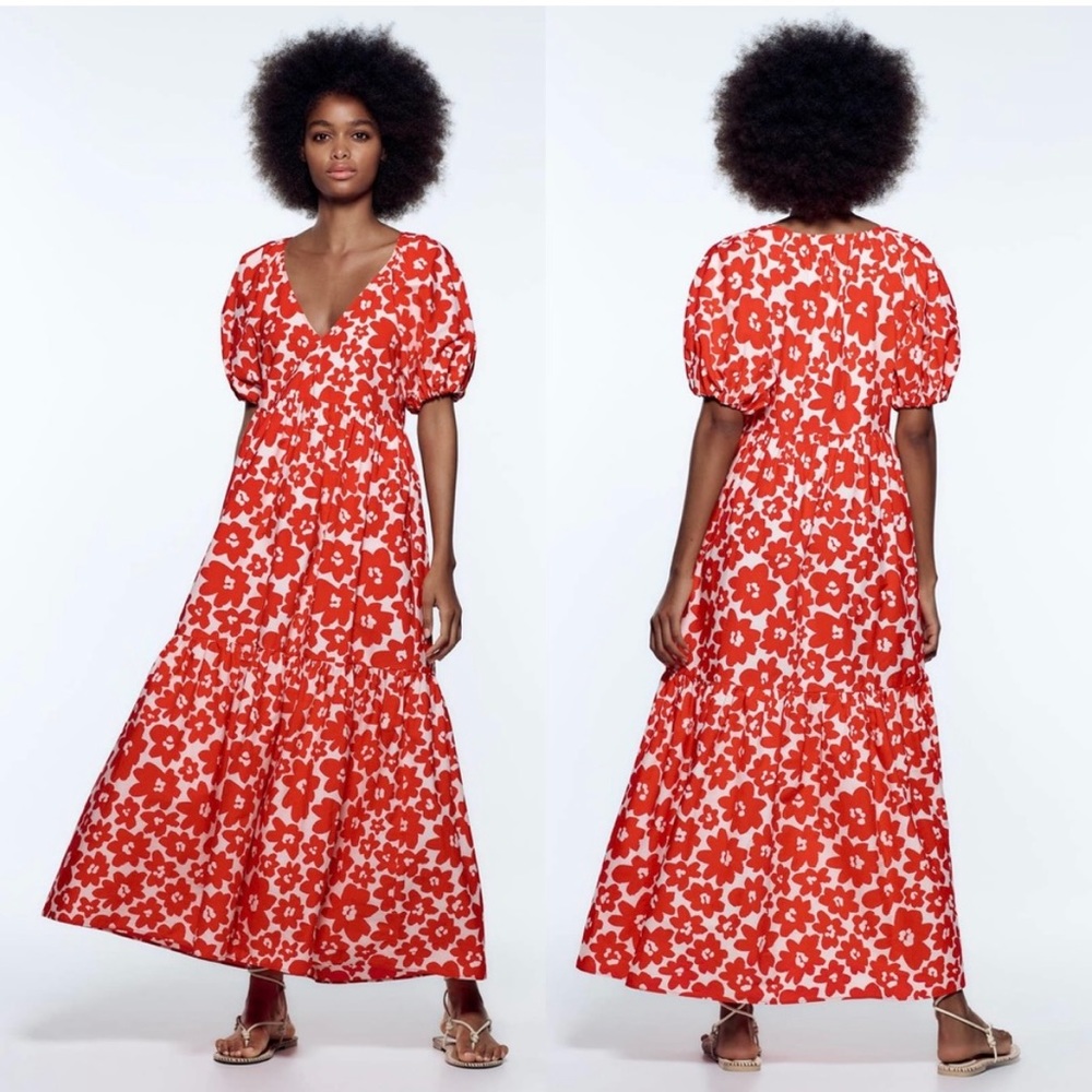 Zara Puff Sleeve Poplin Maxi Dress - Red Floral. Size small